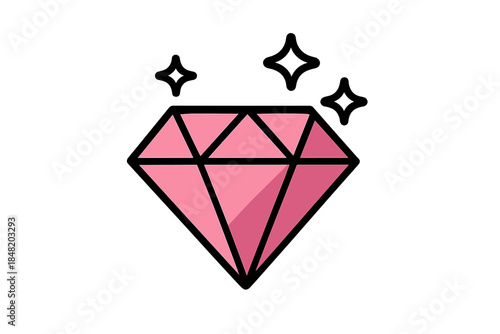 Pink gemstone diamond shape with stylized sparkle icons outline
