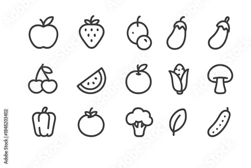Outline icons set of various fresh fruits and vegetables collection
