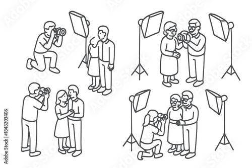 Couples posing during professional studio portrait photography sessions with lighting gear