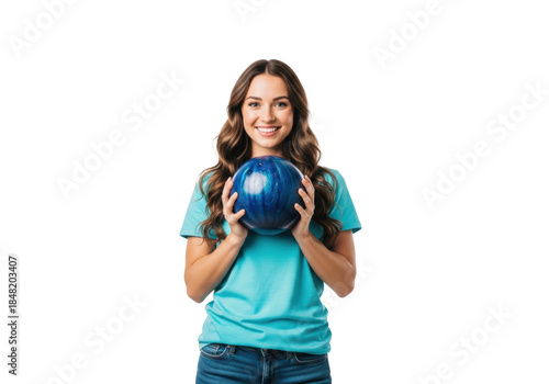 young caucasian woman in turquoise t-shirt holding a dark blue bowling ball, smiling confidently at the camera, waist-up studio shot on bright white background with copy space, concept of active