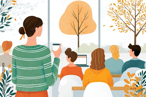 Woman in green striped sweater holding coffee cup standing in front of group of seated people during presentation with laptop and tree visible in background