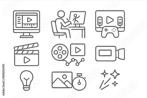 Outline icons for media production and digital content creation workflow