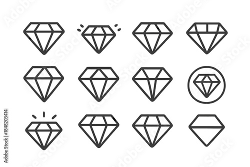 Twelve black outline icons representing different diamond shapes and symbols