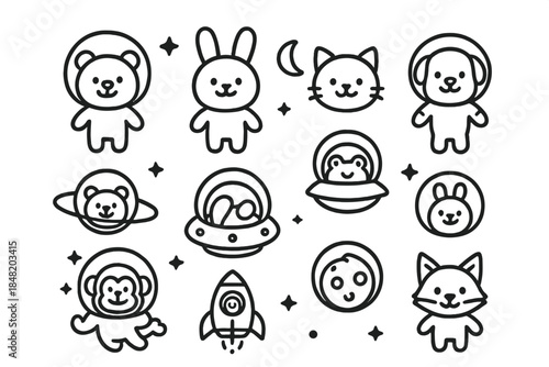 Outline set of cute cartoon animal astronauts and space icons