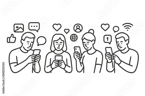 Young adults using smartphones surrounded by digital communication and social media icons