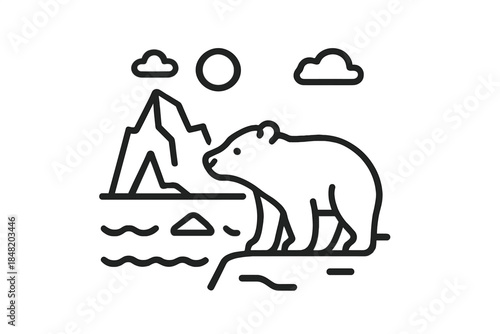 Minimalist outline of polar bear near iceberg and water