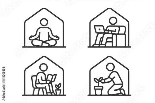 Collection of simple icons for home activities: meditation, remote work, reading, and gardening