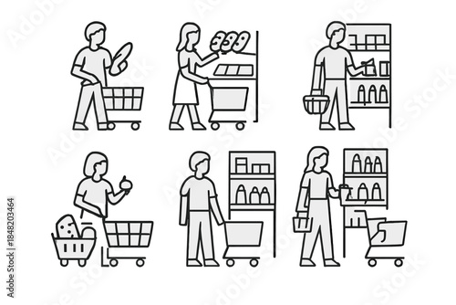 Line icons representing diverse people shopping for food items in a retail store