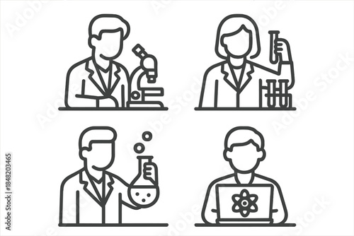 Four scientist and researcher line icons featuring laboratory equipment and tools