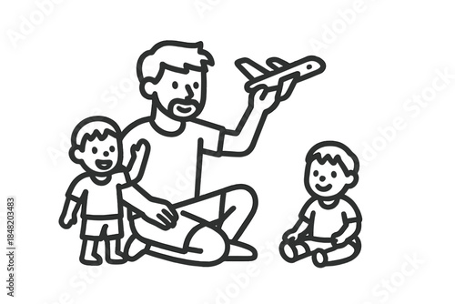 Father playing with two young sons using a toy airplane