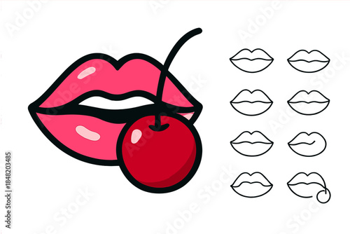 Glossy pink lips biting a red cherry and various mouth icons