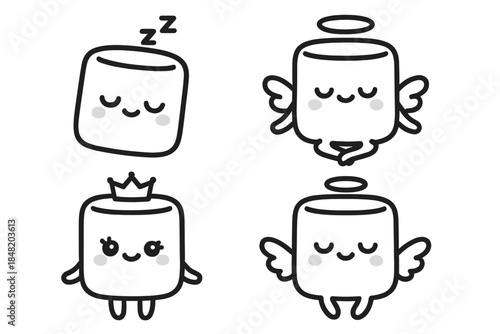 Four adorable marshmallow figures showing various expressions and accessories