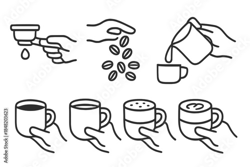 Set of line icons depicting various stages of coffee preparation and serving