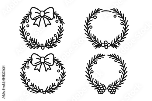 Four simple outline holiday wreaths with bows and winter berries