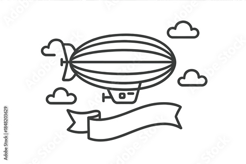 Outline zeppelin airship with clouds and blank banner template