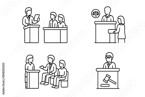 Outline icons set depicting legal proceedings and various courtroom scenes