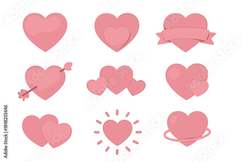 Collection of cute pink heart icons with various romantic love symbols