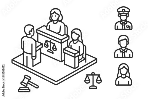 Isometric courtroom scene featuring judge jury and legal symbols