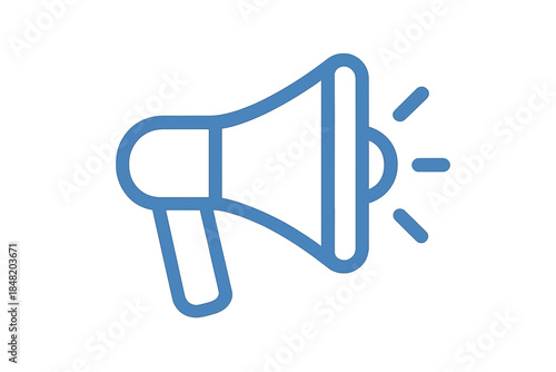 Minimalist blue line icon of a megaphone broadcasting sound waves