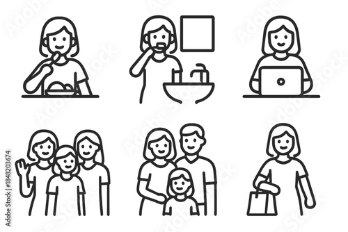 Collection of minimalist line icons representing common daily life activities and family units