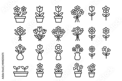 Outline icons representing potted flowers and various floral bouquets