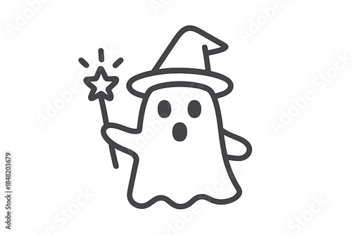 Charming spectral figure in sorcerer hat with glowing magic stick