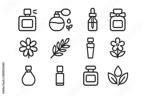 Set of line art icons for perfume bottles and essential oil containers