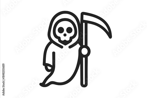 Minimalist outline icon of a grim reaper figure holding a large scythe