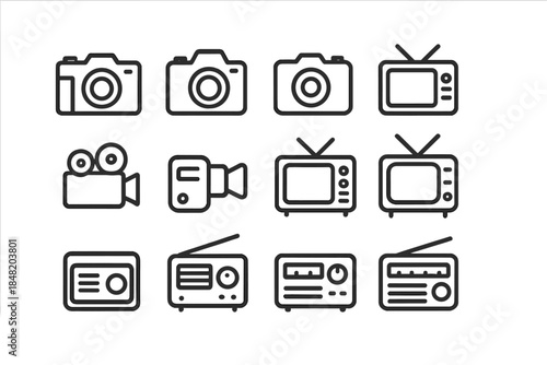 Outline icons representing photography video and audio equipment