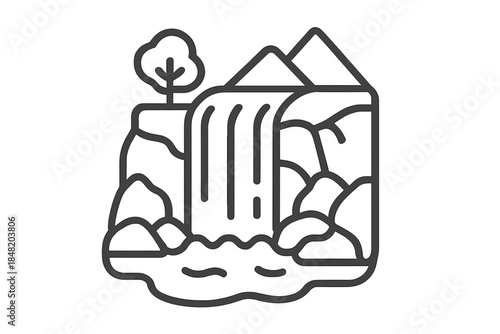 Minimalist line art icon of waterfall cascading into river with mountains and tree