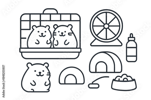 Adorable hamster pets and essential cage accessories line icons