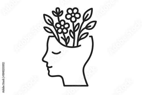 Human head profile silhouette with blooming flowers growing from open mind