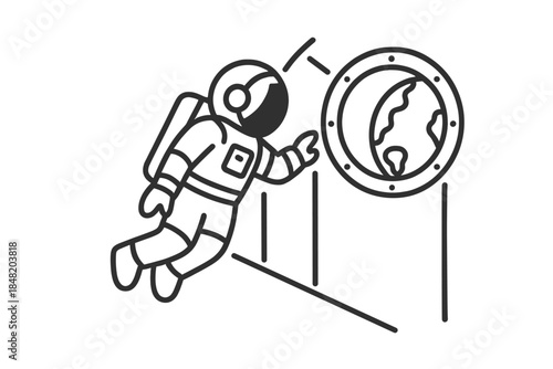 Astronaut floating near porthole viewing Earth outline in deep space