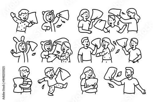 Joyful group of people engaging in a playful indoor pillow fight scene