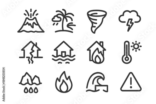 Natural disaster and weather warning line icons set
