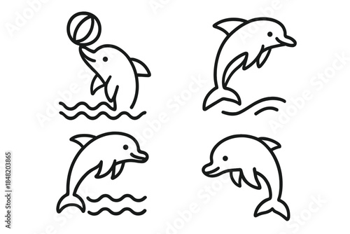 Four cute dolphin icons jumping and playing in ocean waves