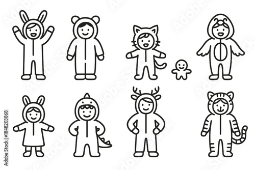 Children in various animal and holiday themed full-body costumes
