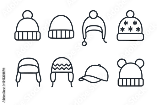 Assortment of winter and casual headwear line icons for design projects
