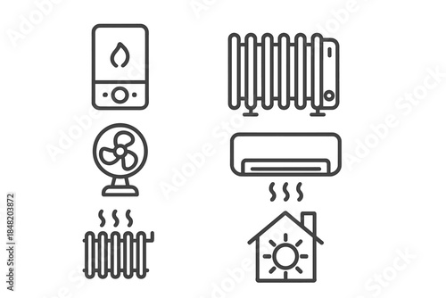 Set of line icons for climate control and home heating appliances