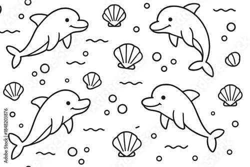 Seamless pattern cute smiling dolphins and seashells outline drawing