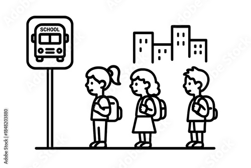 Diverse children waiting in line for city school bus pickup