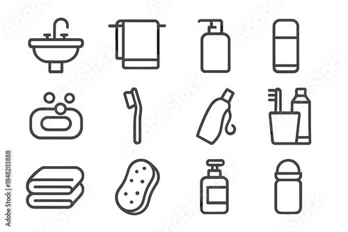 Collection of simple line icons for bathroom and personal hygiene supplies