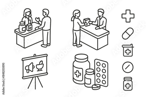 Isometric outline icons for pharmacy service and medical supplies collection