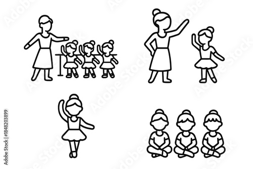 Ballet dance class icons showing instructor and students practicing poses