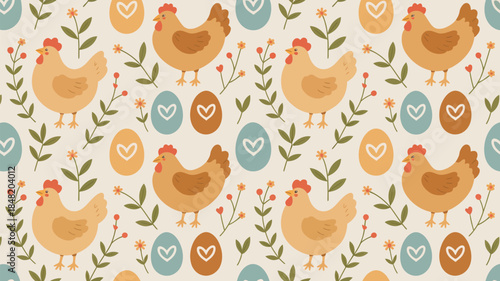 Whimsical farm pattern with cute chickens, flowers, and hearts