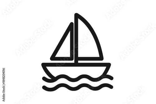 Minimalist black outline icon of a sailboat on wavy water surface