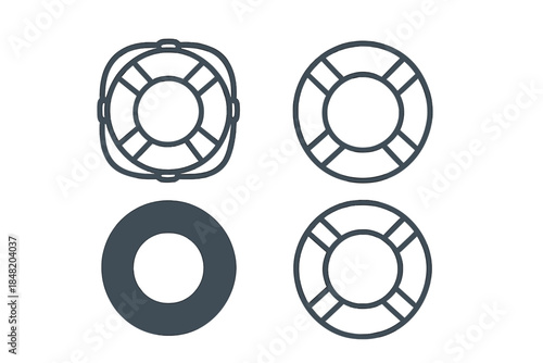 Four life buoy and ring icons in various graphic styles
