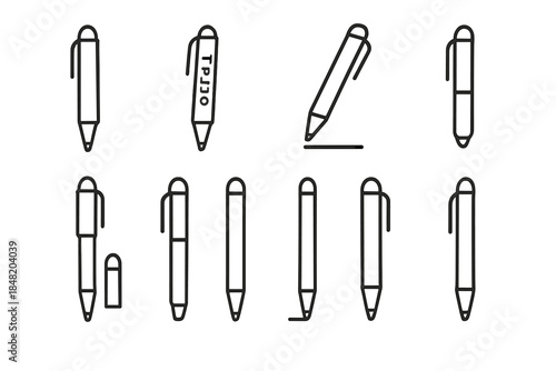Collection of black outline icons for ballpoint pens and various writing instruments