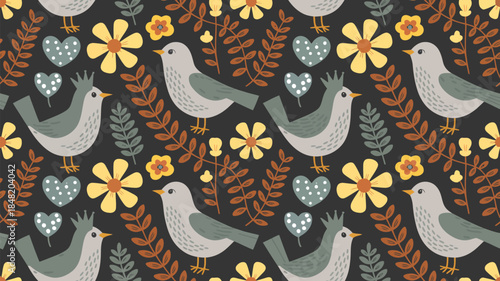 Whimsical illustration of birds and flowers on dark background
