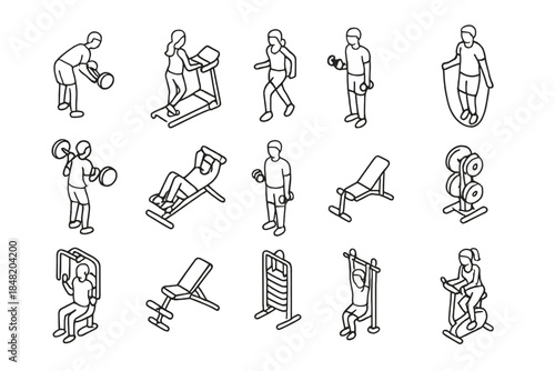 Isometric line icons depicting people exercising with various gym equipment